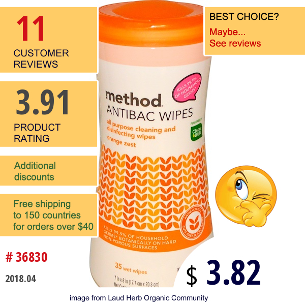 Method, Antibac Wipes, All Purpose, Orange Zest, 35 Wet Wipes, 7.5 Oz (212 G)  