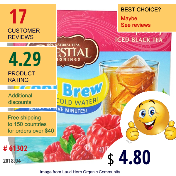 Celestial Seasonings, Iced Black Tea, Raspberry, 40 Tea Bags, 3.6 Oz (102 G)