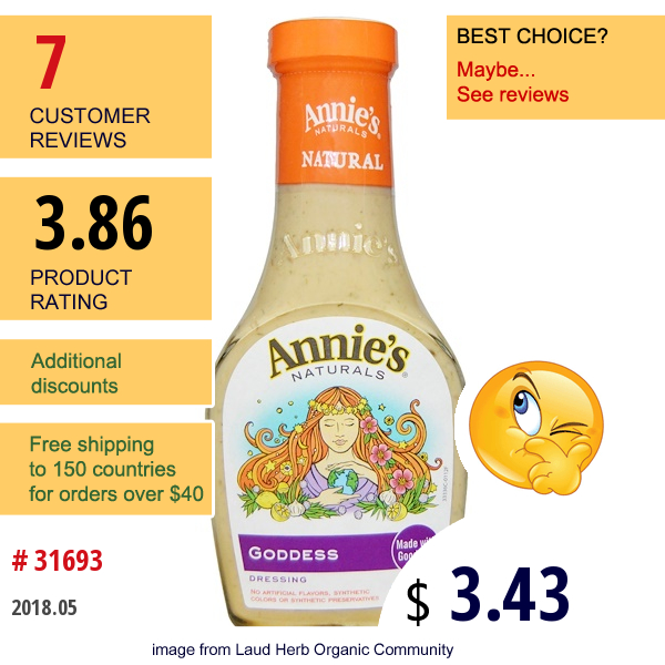 Annies Naturals, Goddess Dressing, 8 Fl Oz (236 Ml)  