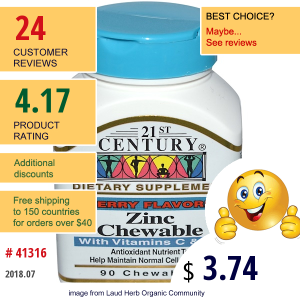 21St Century, Zinc Chewable, Cherry Flavored, 90 Chewables