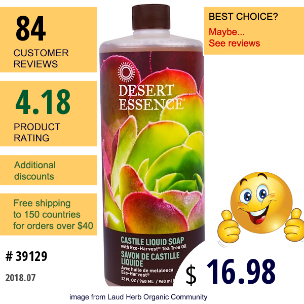 Desert Essence, Castile Liquid Soap With Eco-Harvest Tea Tree Oil, 32 Fl Oz (960 Ml)