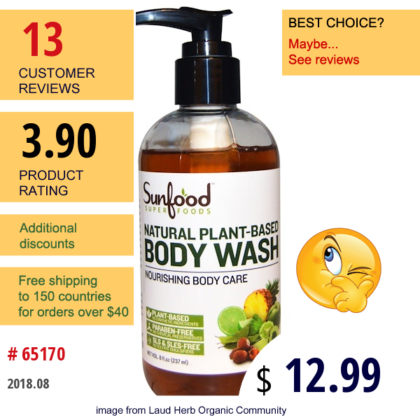 Sunfood, Natural Plant-Based Body Wash, 8 Fl Oz (237 Ml)