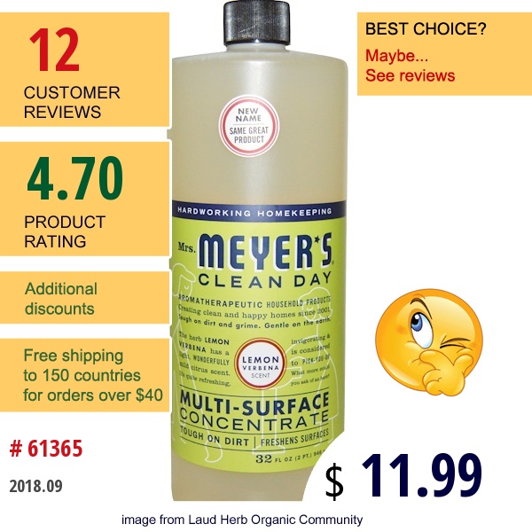 Mrs. Meyers Clean Day, Multi-Surface Concentrate, Lemon Verbena Scent, 32 Fl Oz (946 Ml)