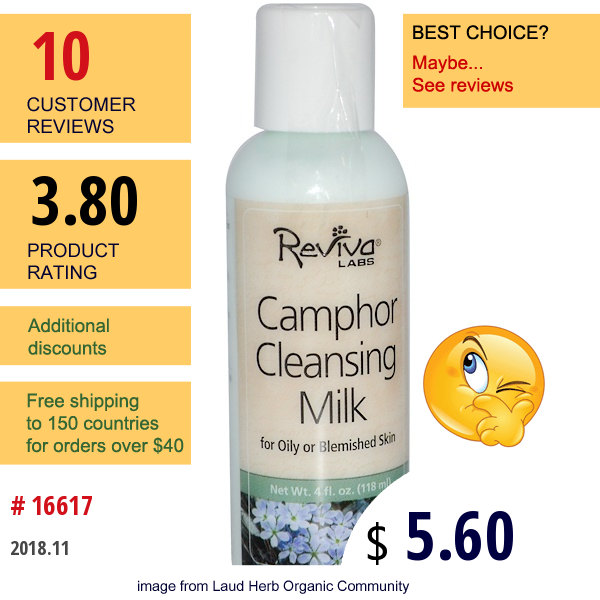 Reviva Labs, Camphor Cleansing Milk For Oily Or Blemished Skin, 4 Fl Oz (118 Ml)  