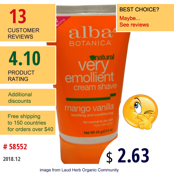 Alba Botanica, Natural Very Emollient Cream Shave, Mango Vanilla, 1.5 Oz (43 G)  