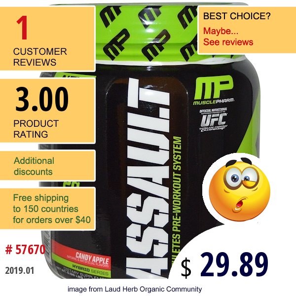 Musclepharm, Assault, The Athletes Pre-Workout System, Candy Apple, 0.96 Lbs (435 G)  