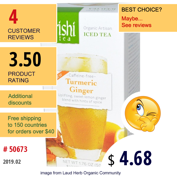 Rishi Tea, Organic Artisan Iced Tea, Caffeine-Free, Turmeric Ginger, 5 1-Quart Iced Tea Sachets, 1.76 Oz (50 G)  