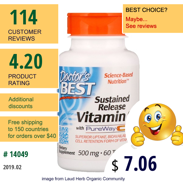 Doctors Best, Sustained Release Vitamin C With Pureway-C, 500 Mg, 60 Tablets