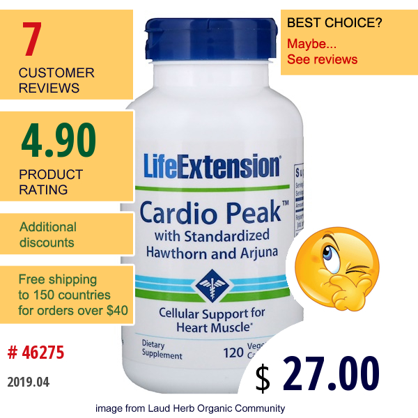 Life Extension, Cardio Peak With Standardized Hawthorn And Arjuna, 120 Vegetarian Capsules Life Extension, Cardio Peak With Standardized Hawthorn And Arjuna, 120 Vegetarian Capsules