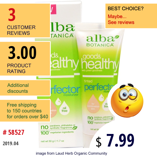 Alba Botanica, Good & Healthy, Tinted Perfector Moisturizer, 1.7 Oz (50 G)  