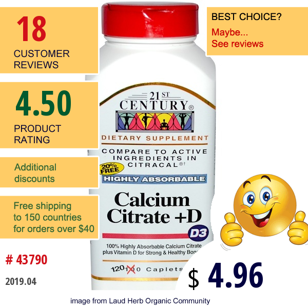 21St Century, Calcium Citrate + D3, 120 Caplets  
