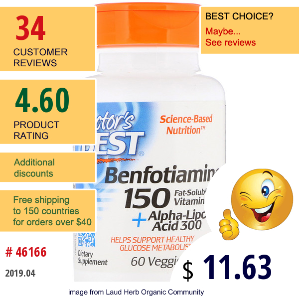 Doctors Best, Benfotiamine 150 + Alpha-Lipoic Acid 300 With Benfopure, 60 Veggie Caps
