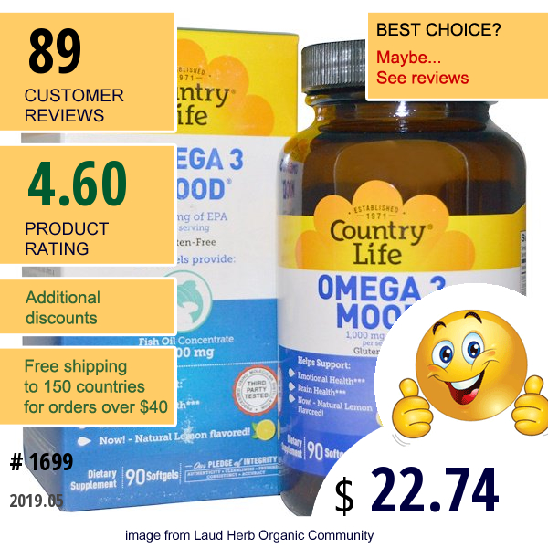 Country Life, Omega 3 Mood, Natural Lemon Flavored, 90 Softgels