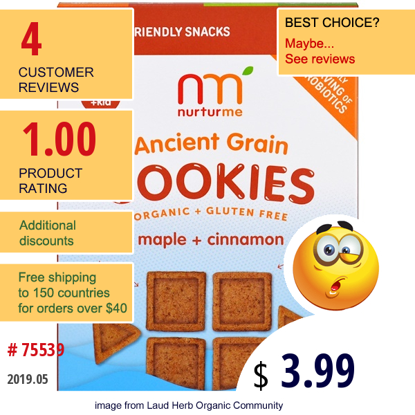Nurturme, Organic Ancient Grain Cookies, Maple Plus Cinnamon,  4.3 Oz (122 G)  