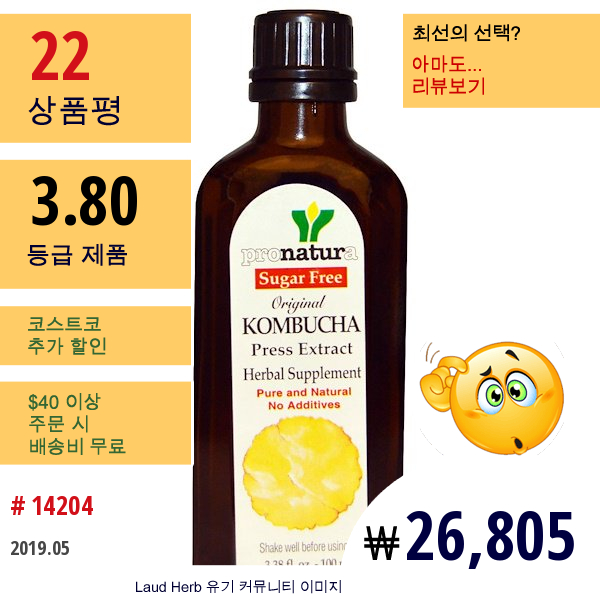 Pronatura, 오리지널 콤부차 착즙, 무설탕, 3.38 Fl Oz (100Ml)