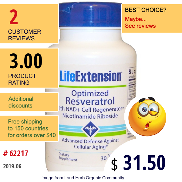 Life Extension, Optimized Resveratrol With Nad+ Cell Generator Nicotinamide Riboside, 30 Veggie Caps  