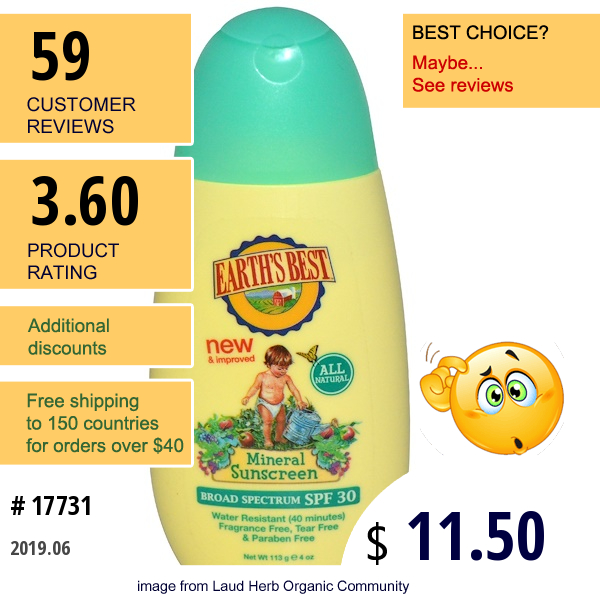 Earths Best, Mineral Sunscreen, Spf 30, 4 Oz (113 G)  