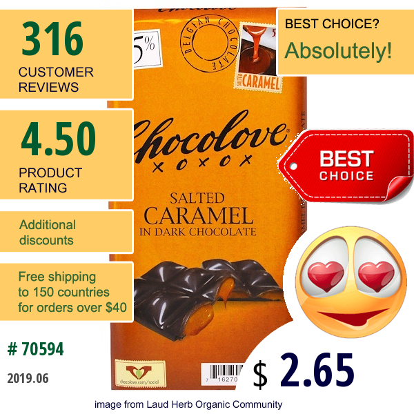 Chocolove, Salted Caramel In Dark Chocolate, 3.2 Oz (90 G) Chocolove, Salted Caramel In Dark Chocolate, 3.2 Oz (90 G)