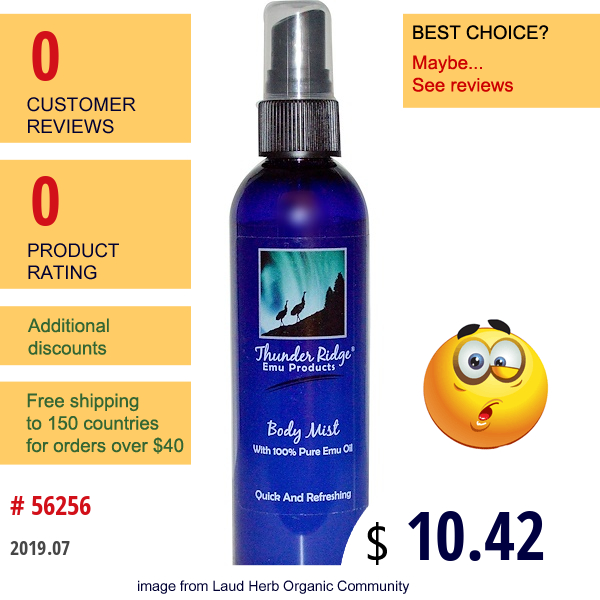 Thunder Ridge Emu Products, Body Mist, 4 Fl Oz (112.50 Ml)  