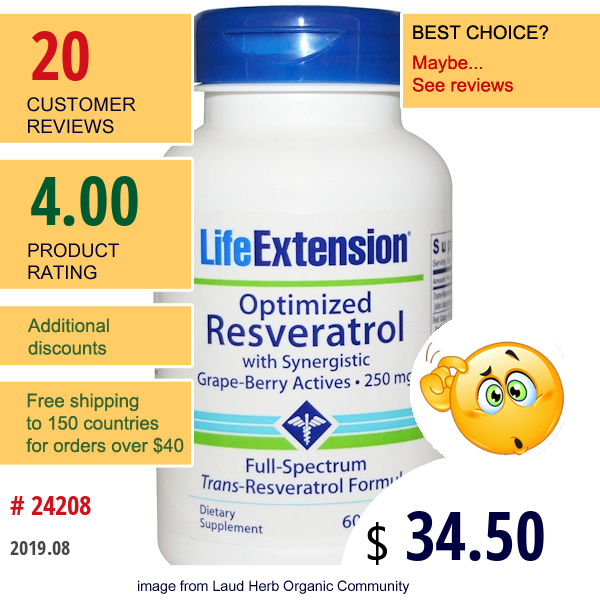 Life Extension, Optimized Resveratrol, With Synergistic Grape-Berry Actives, 250 Mg, 60 Veggie Caps  