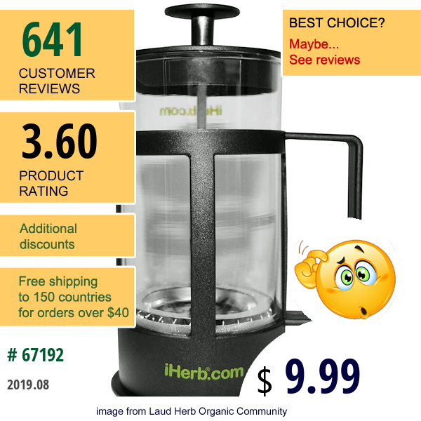 Iherb Goods, Coffee And Tea Maker, 1 Coffee/Tea Press, 12 Fl Oz (350 Ml)  