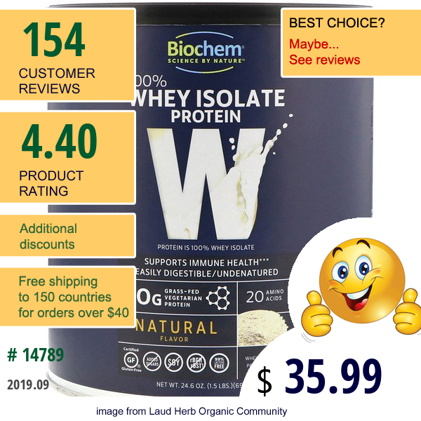Biochem, 100% Whey Isolate Protein, Natural Flavor, 1.53 Lbs (699 G)