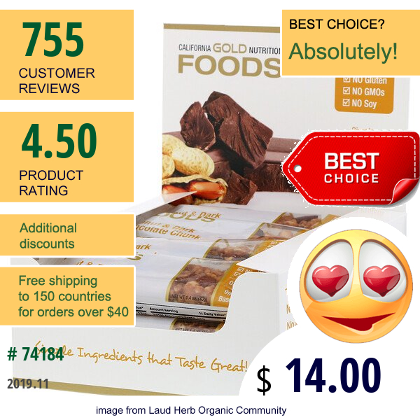 California Gold Nutrition, Foods, Peanut & Dark Chocolate Chunk Bars, 12 Bars, 1.4 Oz (40 G) Each