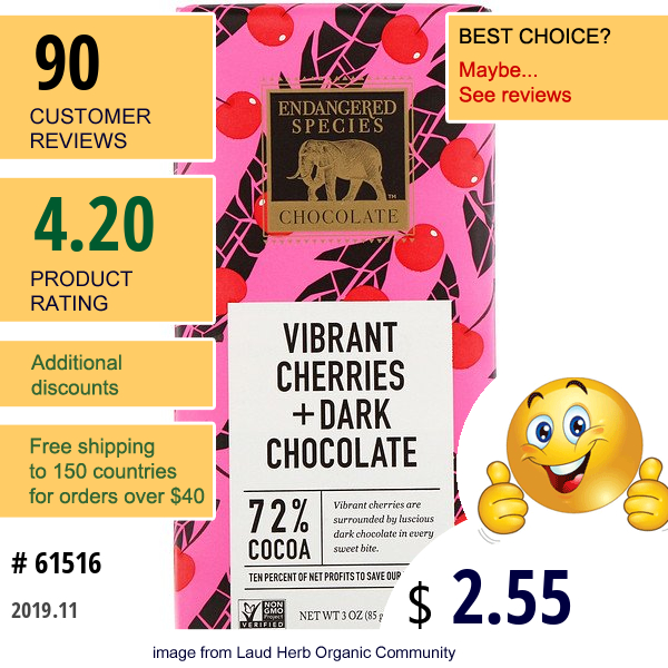 Endangered Species Chocolate, Vibrant Cherries + Dark Chocolate, 3 Oz (85 G)