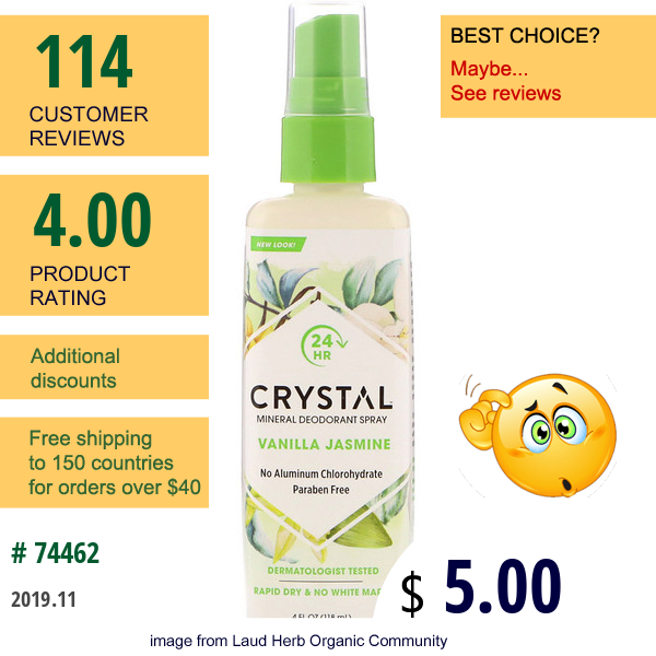 Crystal Body Deodorant, Mineral Deodorant Spray, Vanilla Jasmine, 4 Fl Oz (118 Ml)