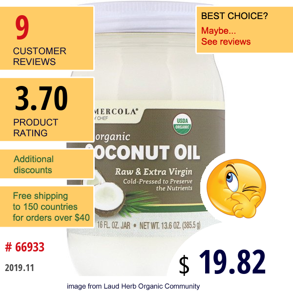 Dr. Mercola, Organic Raw & Extra Virgin Coconut Oil, 13.6 Oz (385.5 G)