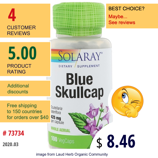 Solaray, Blue Skullcap, 425 Mg, 100 Vegcaps  