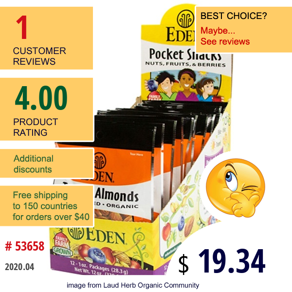 Eden Foods, Pocket Snacks, Tamari Almonds, 12 Packages, 1 Oz (28.3 G) Each  
