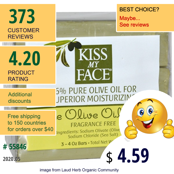 Kiss My Face, Pure Olive Oil Soap, Fragrance Free, 3 Bars, 4 Oz Each  