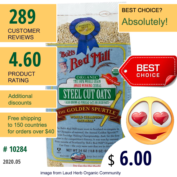 Bob'S Red Mill, Organic Steel Cut Oats, Whole Grain, 24 Oz (680 G)  