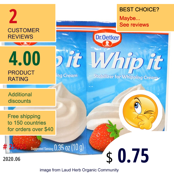 European Gourmet Bakery, Whip It, Stablizer For Whipping Cream, 2 Pack, 0.35 Oz (10 G) Each  