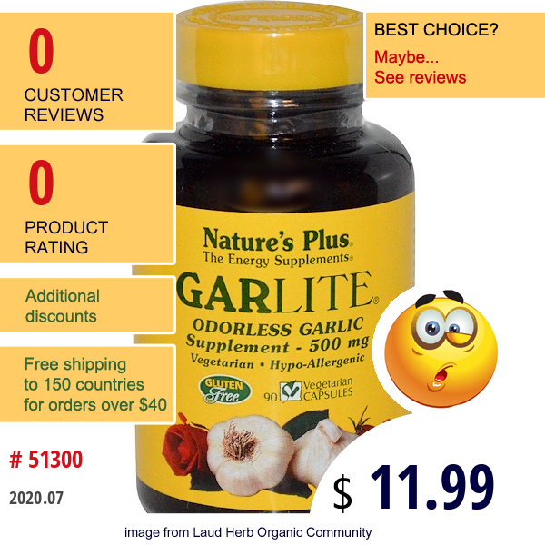 Nature'S Plus, Garlite, Odorless Garlic Supplement, 500 Mg, 90 Veggie Caps  