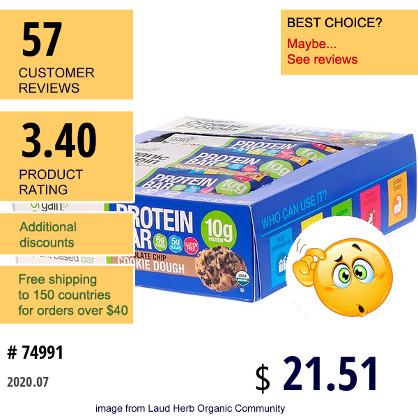 Orgain, Organic Plant-Based Protein Bar, Chocolate Chip Cookie Dough, 12 Bars, 1.41 Oz (40 G) Each