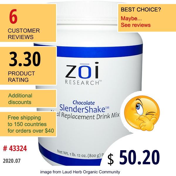 Zoi Research, Slendershake, Meal Replacement Drink Mix, Chocolate, 1 Lb 12 Oz (800 G)  