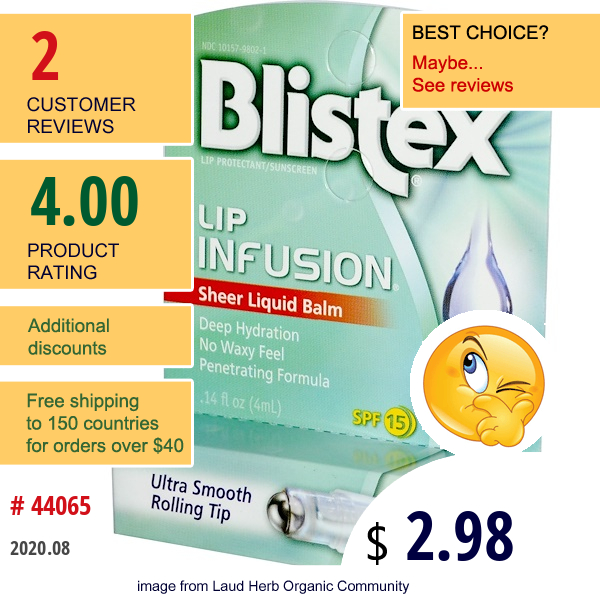 Blistex, Lip Infusion, Moisture Splash, Lip Protectant/Sunscreen, Spf 15, Sheer Liquid Balm, .14 Fl Oz (4 Ml)  