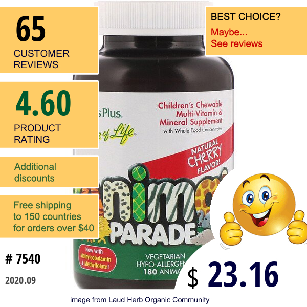 Nature'S Plus, Source Of Life, Animal Parade, Children'S Chewable Multi-Vitamin And Mineral Supplement, Natural Cherry Flavor, 180 Animals