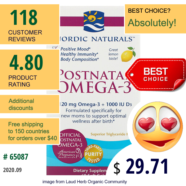 Nordic Naturals, Postnatal Omega-3, Lemon, 1,120 Mg, 60 Soft Gels