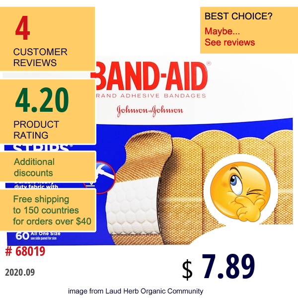 Band Aid, Adhesive Bandages, Tough Strips, 60 Bandages  