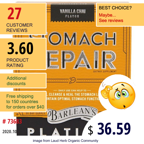 Barlean'S, Stomach Repair, Vanilla Chai , 6.35 Oz (180 G) Barlean'S, Stomach Repair, Vanilla Chai , 6.35 Oz (180 G)