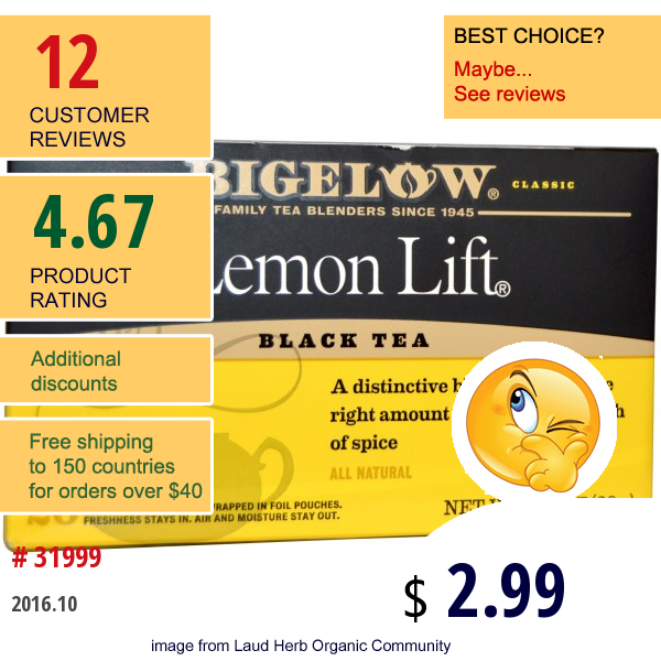 Bigelow, Lemon Lift, Black Tea, 20 Tea Bags, 1.37 Oz (38 G)