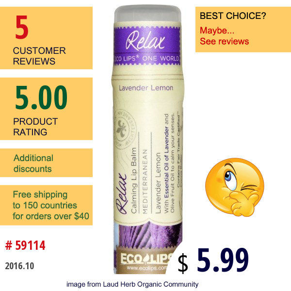 Eco Lips Inc., One World, Calming Lip Balm, Relax, Lavender Lemon, .25 Oz (7 G)