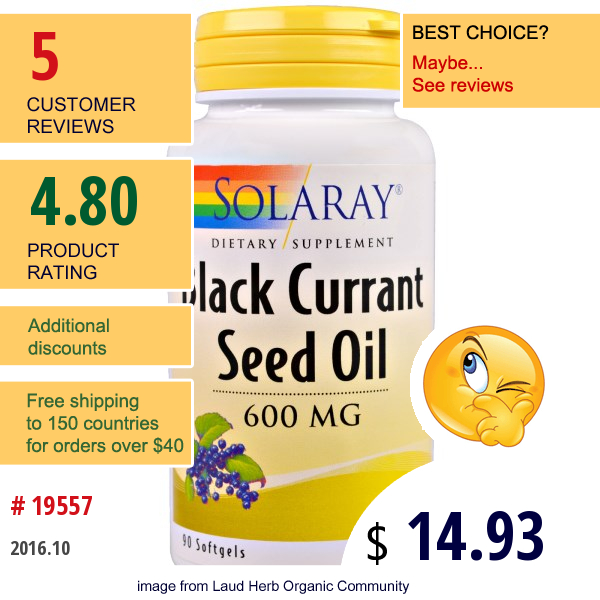 Solaray, Black Currant Seed Oil, 600 Mg, 90 Softgels