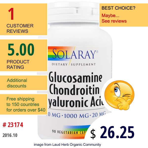 Solaray, Glucosamine Chondroitin Hyaluronic Acid, 1500 Mg · 1000 Mg · 20 Mg, 90 Veggie Caps