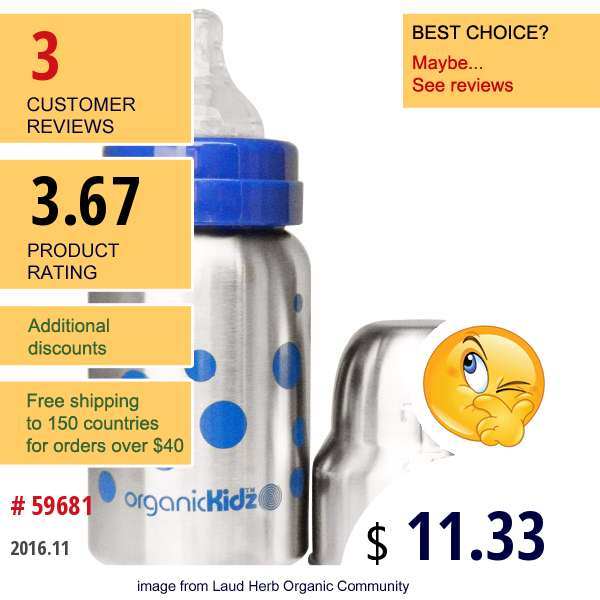 Organic Kidz, Stainless Steel Baby Bottle, Wide Mouth, Dark Blue Dots, 9 Oz (270 Ml)  