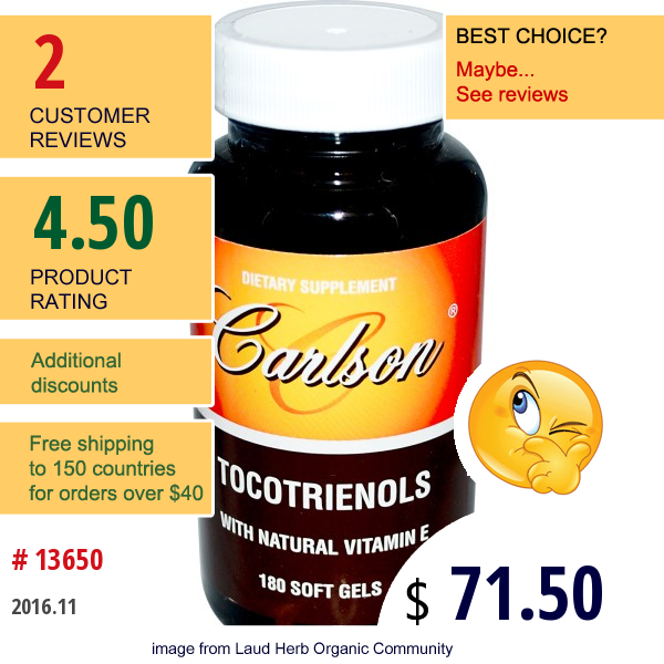 Carlson Labs, Tocotrienols With Natural Vitamin E, 180 Soft Gels