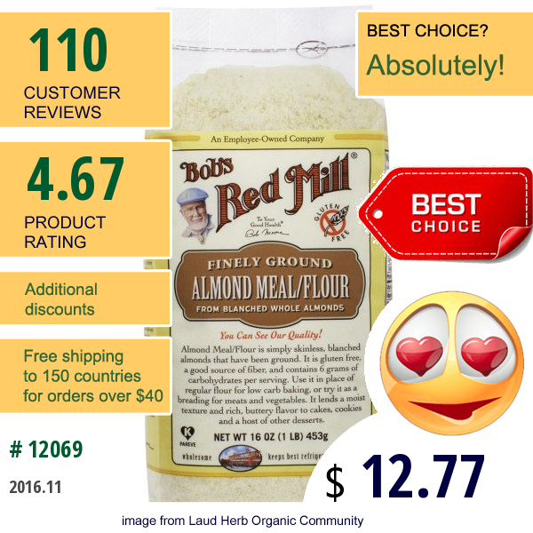 Bobs Red Mill, Almond Meal / Flour, Gluten-Free, 16 Oz (453 G)